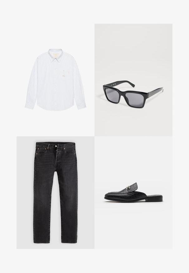 BLKVIS SCRIPT - Chemise - skyway; Jean en denim noir à coupe droite, avec deux poches avant, une poche à monnaie et des rivets en métal. Design classique à cinq poches.; Chaussures slip-on en cuir noir gaufré crocodile avec un talon plat et une boucle en métal décorative sur la sangle. Texture lisse et design élégant.; Lunettes de soleil rectangulaires noires avec verres teintés foncés et branches épaisses, reposant inclinées sur une surface unie gris clair.