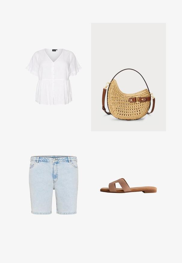 Hvid kortærmet bluse med V-hals, knapper foran, flæser på ærmerne og detaljer med rynket talje.; Lyseblå denimshorts med lige snit, fem lommer og synlige stikninger. Har en lukning med knap og lynlås.; Flad sandfarvet sandal med bred strop i tekstureret design med udskæringer, åben tå og lav hæl mod hvid baggrund.; Vævet halmmulesæk med en buet form, brunt læderstrop med spænde og en naturlig tan farve. Tekstureret overflade med synlige sting.
