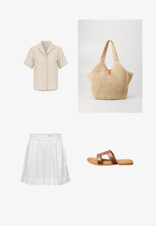 Beige kortærmet skjorte med knaplukning og krave, lavet af linnedstof, vist på hvid baggrund.; Hvide linnedshorts med elastisk talje og afslappet pasform. Har en glat tekstur og opsmøgte kanter for ekstra detaljer.; Brun læder slidesandal med bred rem med rektangulært udskåret hul, flad sål og synlige hvide syninger på hvid baggrund.; Stor stråtask med en tekstureret, beige yderside og to brede håndtag. Har et læderbånd som lukning.