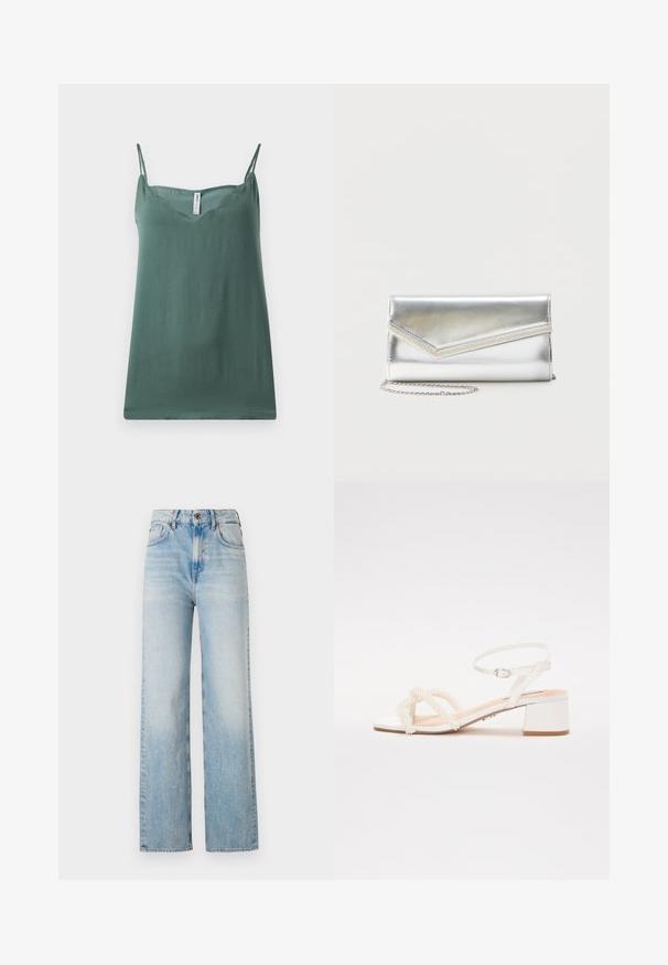 Top verde sin mangas con correas ajustables delgadas, escote en V, textura suave y corte relajado, hecho de tejido ligero.; Jeans de pierna ancha de color azul claro, elaborados en denim, con una cintura alta, ligero desvanecimiento y un diseño tradicional de cinco bolsillos con costuras en contraste.; Sandalia blanca de tacón cuadrado con acentos de perlas, que presenta tiras entrecruzadas y una delgada correa en el tobillo. Acabado en un material suave similar al cuero.; Bolso clutch plateado brillante con solapa de estilo sobre y adorno decorativo, pequeña correa de cadena plateada, sobre fondo liso claro.