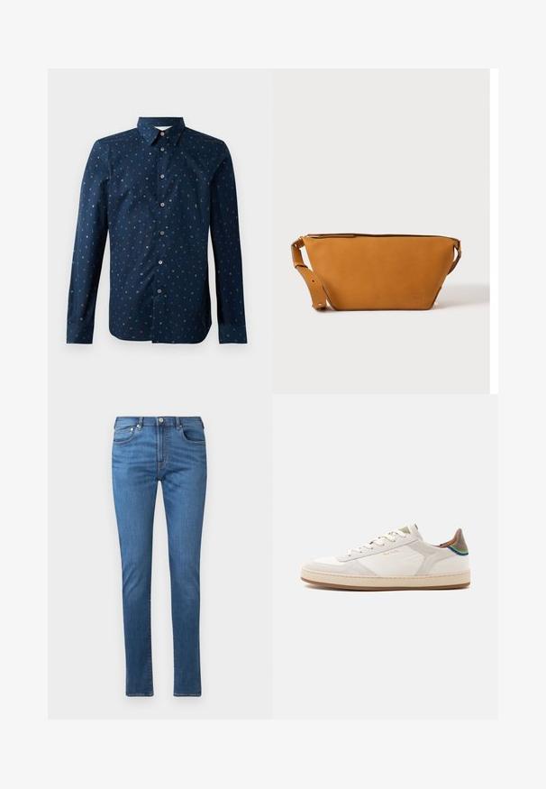 Tumes sinine nööbiga särgiga, mis on kaunistatud värvikireva tähe-mustriga, pikad varrukad ja klassikaline krae, regulaarne lõige ja sile tekstuur.; Sinised denim teksad sirge lõikega, viie tasku ja nööpidega minekuga. Kangas on sileda tekstuuriga ja kergelt pleekinud detailidega.; Valge madala kontsaga tennisking beezhitoonilise tallaga, ees nööritav, kannal roheline ja sinine detail ning peen kuldne "Paul Smith" logo küljel.; Helepruun nahast ristiaskott reguleeritava sangaga ja tõmblukuga sulgumisega, kujutatud ühevärvilise heleda tausta ees.