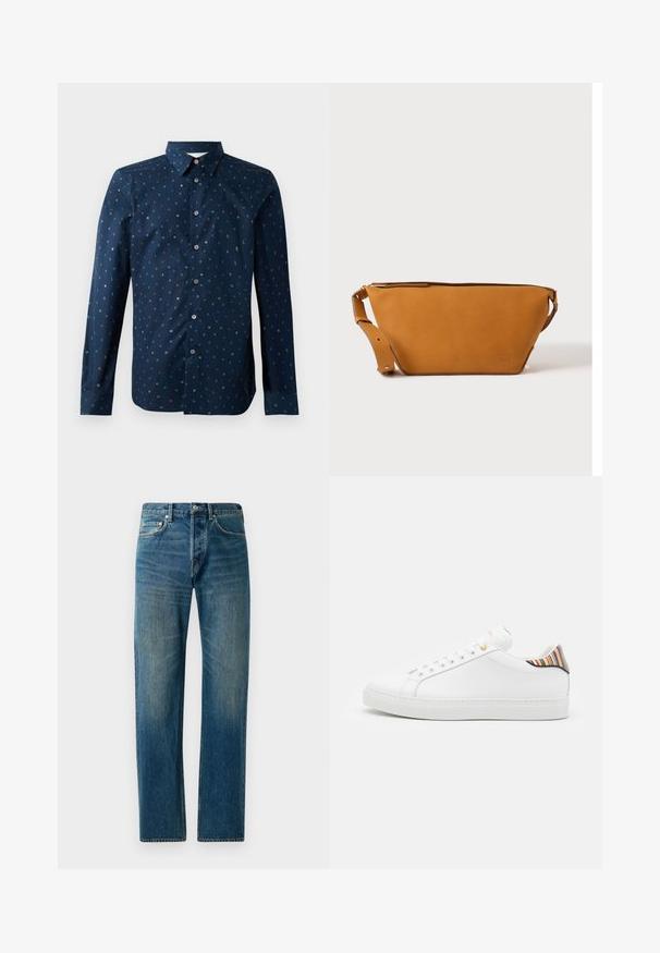 Mørkeblå skjorte med knaplukning, der har et farverigt bogstavmønster, lange ærmer og en klassisk krave. Regular fit og glat tekstur.; Blå denim jeans med lige ben, der har en fem-lomme stil, subtil falming og kontrastsyet detaljer.; Hvide lædersneakers med en glat overflade, prydet med en farverig stribet detalje på hælen, guldøje og flad hvid sål.; Lys brun læder crossbody taske med justerbar rem og lynlås, vist mod en ensartet lys baggrund.