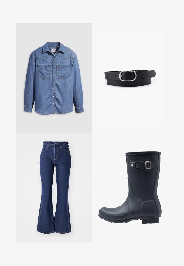 Hellblaues Jeanshemd mit spitzem Kragen, zwei Brusttaschen und Druckknöpfen. Verfügt über ein Western-Stil Rückenpasse-Design.; Dunkelblaue Schlagjeans aus Denim, mit hoher Taille, Knopfverschluss vorne und kontrastierenden weißen Nähten entlang der Nähte.; Schwarze Gummiregenstiefel mit runder Zehenform, strukturiierter Sohle und verstellbaren Riemendetails. Glatte Oberfläche mit matter Oberfläche.; Schwarzer Leder Gürtel mit glatter Textur, ovaler silberner Metallschnalle und mehreren Einstelllöchern entlang des Riemens. Flaches, minimalistisches Design.