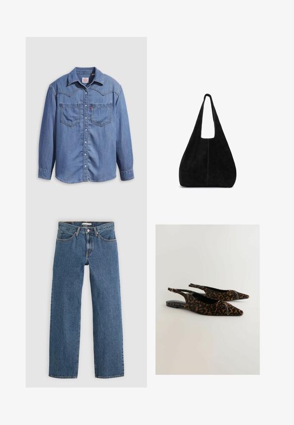 Lyseblå denimskjorte med spidst krave, to brystlommer og trykknapper. Har et western-inspireret stykke på skuldrene.; Blå denim jeans med lige pasform, der har fem lommer, knaplukning og kontrastsyninger langs sømmene.; Slingback-sko med leopardmønster lavet af ruskind med spids tå og lav flad hæl. Har en tynd ankelrem med en spænde-detalje.; Sort ruskind skuldertaske med bred strop og minimalistisk design, trekantet form og synligt centralt syning.