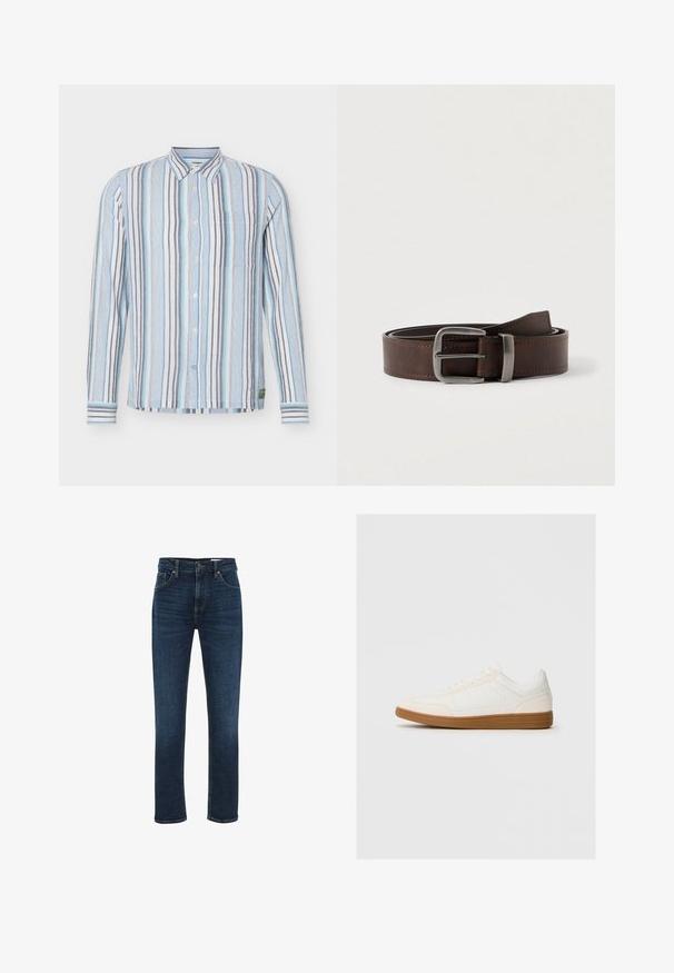 Košeľa s dlhým rukávom na gombíky, s vertikálnymi pruhmi v modrej, bielej, sivej a svetlo tyrkysovej farbe, s golierom a náprsným vreckom.; WE Fashion BLUE RIDGE - Džínsy s rovným strihom - dark blue; Biele tenisky so semišovým špičkovým rámom, hladkým syntetickým zvrškom a hnedou gumovou podrážkou. Na bokoch majú perforácie pre lepšiu priedušnosť.; Tmavohnedý kožený opasok so striebornou obdĺžnikovou prackou, stočený a položený na svetlom neutrálnom pozadí.