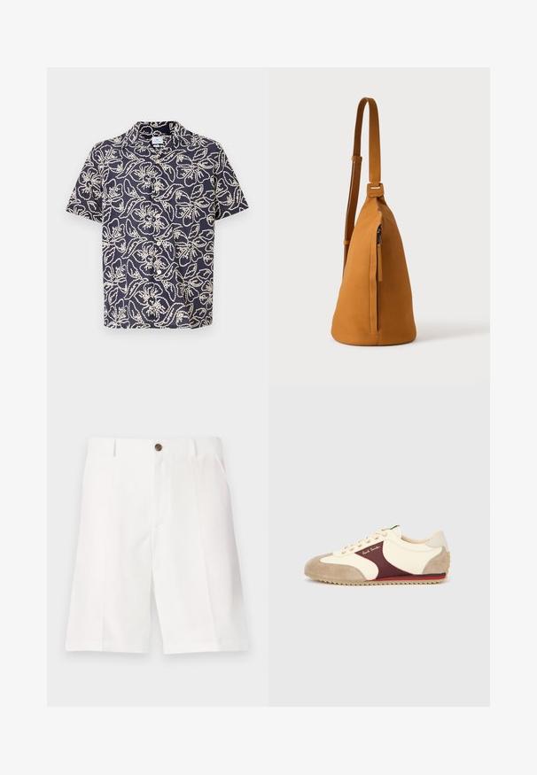 Camisa de manga corta en tejido azul marino con estampado floral blanco, con cierre de botones en la parte delantera y cuello clásico. Material ligero y transpirable.; Bermudas blancas hechas de una tela ligera con un corte relajado, que cuentan con un solo botón marrón y bolsillos delanteros.; Zapatilla deportiva con parte superior de tela color crema, detalle en ante granate, puntera beige y suela de goma texturizada con patrón en zigzag.; Bolso bandolera de piel color canela con correa ajustable y bolsillo vertical con cremallera, mostrado de lado sobre un fondo claro y liso.