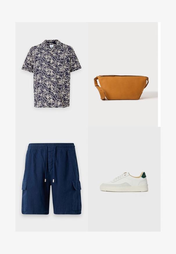Camisa de manga corta en tejido azul marino con estampado floral blanco, con cierre de botones en la parte delantera y cuello clásico. Material ligero y transpirable.; Pantalones cortos cargo azul marino hechos de tela ligera, con una cinturilla elástica y cordón, dos bolsillos laterales y un bolsillo en la pierna.; Zapatilla blanca con acentos de ante, puntera redondeada, cordones planos y suela de goma color crema. Presenta un logo verde en el talón.; Bolso bandolera de cuero marrón claro con correa ajustable y cierre de cremallera, mostrado sobre un fondo claro y liso.