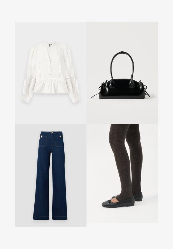 Witte blouse met lange mouwen, kanten panelen, knopen aan de voorkant, ronde halslijn, geplooide taille en opgepofte schouders op een effen achtergrond.; Donkerblauwe wijde jeans met hoge taille, gouden knoopaccenten, twee voor- en achterzakken en contrasterende stikseldetails. Gelaagd denim stof.; Benen met donkere geribbelde leggings gecombineerd met zwarte ballerina's met kleine strikdetails op een witte achtergrond.; Kleine zwarte glanzende handtas met twee lange hengsels en zijkant trekkoord details op een effen lichte achtergrond.