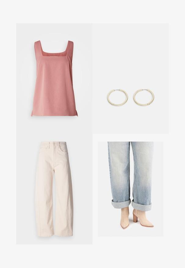 Ærmeløs lyserød top med firkantet udskæring, lavet af letvægtsstof, med en afslappet pasform og sideslidser for lettere bevægelse.; Mother THE HALF PIPE ANKLE - Wide leg - off-white; Beige ruskinds ankelstøvler med spids tå og metallisk hældetalje, parret med lysblå opkrøllede denimjeans.; Guldtonede metaløreringe med en glat, poleret overflade og en sikker lukning, der har et minimalistisk, cirkulært design.