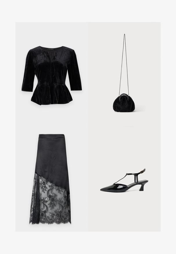 Top de terciopelo negro con bajo peplum, mangas tres cuartos y escote redondo con detalle de cordones en el frente.; Falda negra asimétrica con parte superior de satén sólido y superposición de encaje floral transparente en la mitad inferior.; Zapato de tacón bajo para mujer en charol negro con tira trasera, punta puntiaguda y correa fina con cierre de hebilla pequeña.; Pequeño bolso negro de pelo sintético con asas superiores trenzadas y larga correa delgada para el hombro sobre fondo liso.