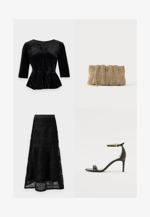 Top en velours noir avec un ourlet à basque, des manches trois-quarts et un col rond avec un détail à lacets sur le devant.; Jupe midi noire en tissu de dentelle superposée avec des détails de broderie florale et géométrique.; Sandale à talons hauts en cuir noir avec une lanière de cheville. Présente une texture lisse, un bout ouvert et un talon fin. Détail de boucle en ton doré.; Petit sac pochette en maille dorée avec un design froncé et une bandoulière chaîne dorée partiellement visible sur un fond blanc uni.
