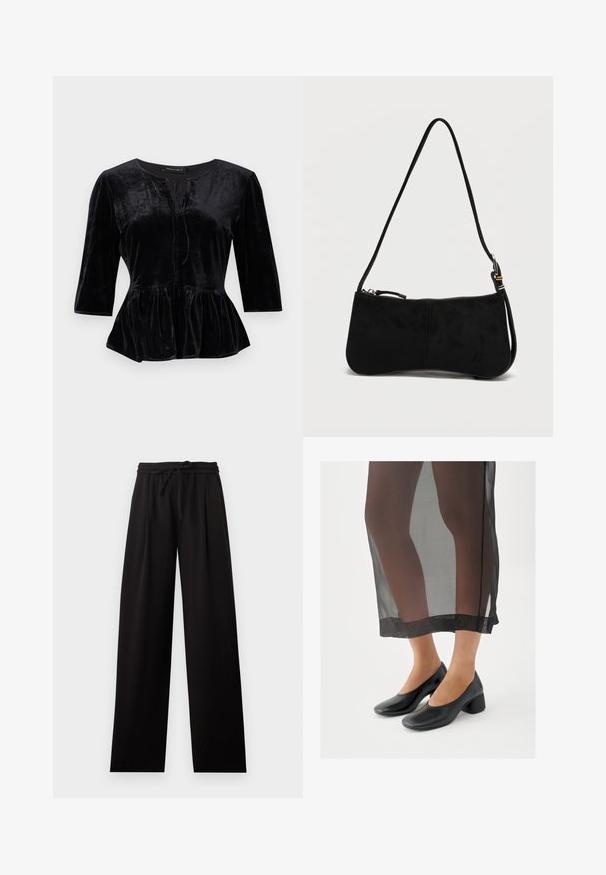 Zwarte fluwelen top met een peplum zoom, driekwart mouwen en een ronde halslijn met een vetersluiting aan de voorkant.; Losse zwarte broek met elastische tailleband en trekkoord, rechte wijde pijpen, plat uitgespreid op een witte achtergrond.; Zwarte schoenen met blokhak en een gladde leren afwerking, gedragen met een doorschijnende zwarte rok met een nette zoom en minimalistisch ontwerp.; Zwarte suède schoudertas met ritssluiting en een dun verstelbaar bandje tegen een effen witte achtergrond.