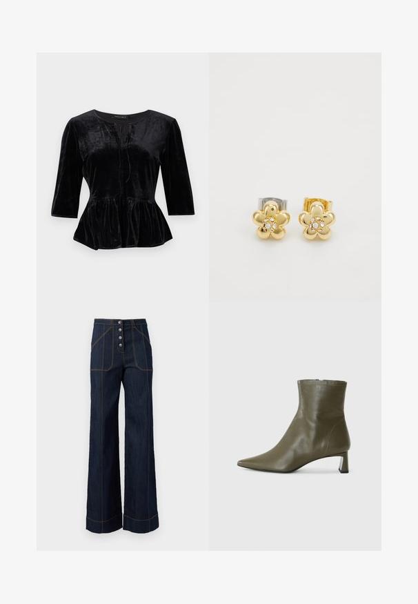 Zwarte fluwelen top met een peplum zoom, driekwart mouwen en een ronde halslijn met een vetersluiting aan de voorkant.; Donkerblauwe wijdvallende broek met hoge taille, vijfknopfsluiting aan de voorkant en contrasterende gouden stiksels. Voorzien van grote zijzakken.; Olijfgroene leren enkellaars met een spitse neus en een blokhak van 4 cm; gladde textuur en minimalistisch ontwerp met een ritssluiting.; Gouden en zilveren bloemvormige studoorbellen met een centraal cluster van heldere rhinestones, gladde oppervlakken en een gepolijste afwerking.