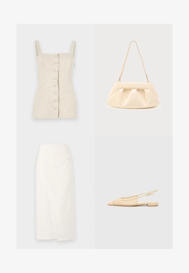 Top sin mangas de lino beige con un diseño ceñido, cierre frontal de botones y tejido texturizado. Presenta tirantes rectos.; Falda blanca hasta la rodilla hecha de un tejido ligero, con un diseño tipo wrap y una superficie suave y texturizada. Líneas simples y limpias sin adornos.; Zapato plano tipo slingback en beige claro con parte superior de malla, punta afilada y tacón bajo. Cuenta con una correa ajustable para un mejor ajuste.; Bolso de mano de cuero color crema con pliegues fruncidos, herrajes dorados y una única correa delgada para el hombro sobre un fondo liso.