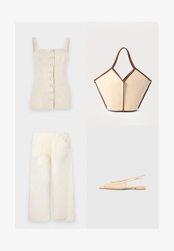 Beige Leinen ärmelloses Top mit tailliertem Design, vorderem Knopfverschluss und strukturiertem Stoff. Verfügt über gerade Schulterträger.; Leichte, cremefarbene weit geschnittene Hosen mit einem strukturierten Karomuster und zwei Seitentaschen, die einen entspannten Sitz und weichen Stoff bieten.; Slingback-Ballerina in hellbeige mit einem Netz-Obermaterial, spitz zulaufender Zehenpartie und niedrigem Absatz. Verfügt über einen verstellbaren Riemen für eine optimale Passform.; Canvas-Tasche mit einem cremfarbenen Körper und braunen Lederakzenten. Das Design zeichnet sich durch eine einzigartige V-förmige Öffnung und zwei geschwungene Griffe aus.