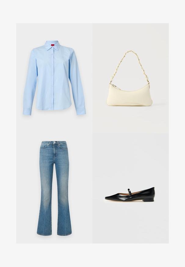 Lyseblå langærmet skjorte med knapper og spids krave samt lille logo på venstre bryst, vist på en ensartet hvid baggrund.; Lys blå flagrende jeans lavet af denim. Indeholder en talje med en knap og et falmet vask, der snævrer ind til en bred kant ved anklerne.; Sorte patenterede læder Mary Jane flade sko med spids tå, én rem og lav hæl på ensfarvet baggrund.; Lille cremefarvet taske med en kurvet form og fletet guldfarvet kæde som håndtag, lynlås lukning på toppen