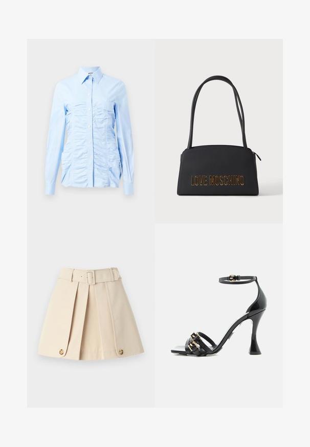 Camisa de manga larga azul claro con cuello abotonado, que presenta volantes verticales en la parte delantera y un diseño ajustado. Tejido de mezcla de algodón.; Falda de plisado beige con una cintura ajustada, amplios lazos para cinturón y botones decorativos en el dobladillo. Confeccionada con una tela suave y ligera.; Sandalia de tacón alto de charol negro con correa en el tobillo y dos correas delanteras con detalles de hebilla dorada, vista lateral sobre fondo blanco.; Bolso rectangular negro con dos asas finas y letras doradas "LOVE MOSCHINO" en el frente, sobre un fondo claro y liso.