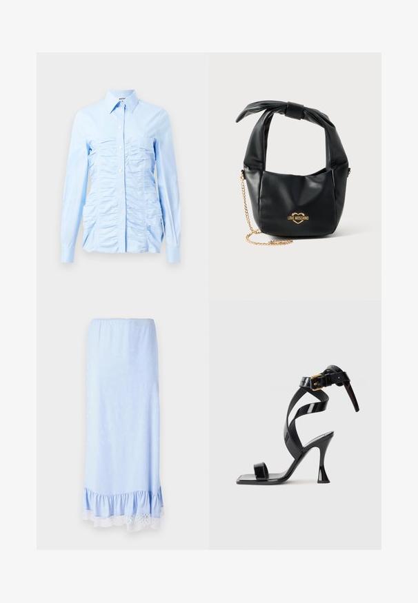 Lyseblå langærmet skjorte med button-down krave, der har lodrette flæser på fronten og et figursyet design. Stof med bomuldsblanding.; Lyseblå satin nederdel med en flæset kant, prydet med hvid blonde og subtile blomster mønstre i stoffet. Elastisk talje.; Sorte patentlæder højhælede sandal med firkantet tå, ankelrem og guldlås på hvid baggrund.; Sort blød læder Love Moschino håndtaske med knyttet håndtag og guldkæde-strop på hvid baggrund.