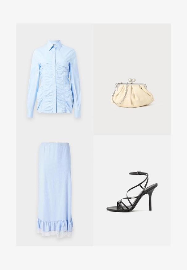 Lyseblå langærmet skjorte med button-down krave, der har lodrette flæser på fronten og et figursyet design. Stof med bomuldsblanding.; Lyseblå satin nederdel med en flæset kant, prydet med hvid blonde og subtile blomster mønstre i stoffet. Elastisk talje.; Sort højhælet sandal med tynde stropper, en ankelspænde, en glat læderoverflade og en slank stilethæl.; Plisseret beige læderclutch med en sølvmetalramme, der har to runde dekorative låse og en sølvkædetrasporte.