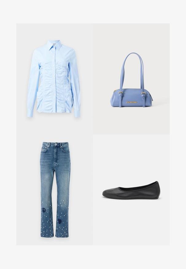 Camisa de manga larga azul claro con cuello abotonado, que presenta volantes verticales en la parte delantera y un diseño ajustado. Tejido de mezcla de algodón.; Vaqueros de mezclilla azul con cintura alta, ajuste recto, adornados con perlas blancas y símbolos de paz y corazón cerca del dobladillo.; Bailarina de piel negra con punta redondeada, textura suave, detalle de costura minimalista y diseño de suela flexible.; Bolso rectangular azul claro con dos tirantes largos, hebillas doradas, cremallera superior y logotipo "LOVE MOSCHINO" en letras doradas en el frente.