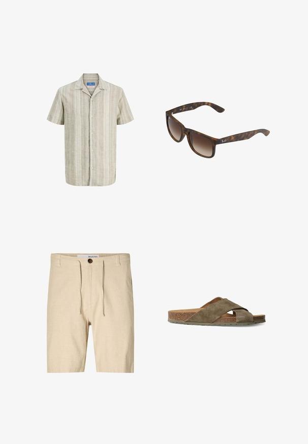 Camisa beige de manga corta con botones, con rayas blancas verticales y cuello con muesca, mostrada sobre un fondo blanco.; Pantalones cortos de lino beige con cintura ajustable, cierre de un solo botón y tela texturizada. Estilo casual, corte a la altura de la rodilla.; Sandalia deslizante de ante verde oliva con correas entrecruzadas, plantilla de corcho y suela de goma texturizada. Con puntera abierta y diseño plano.; Gafas de sol de carey con lentes marrones degradados, forma rectangular, montura gruesa y un acento de logo plateado en el lateral.