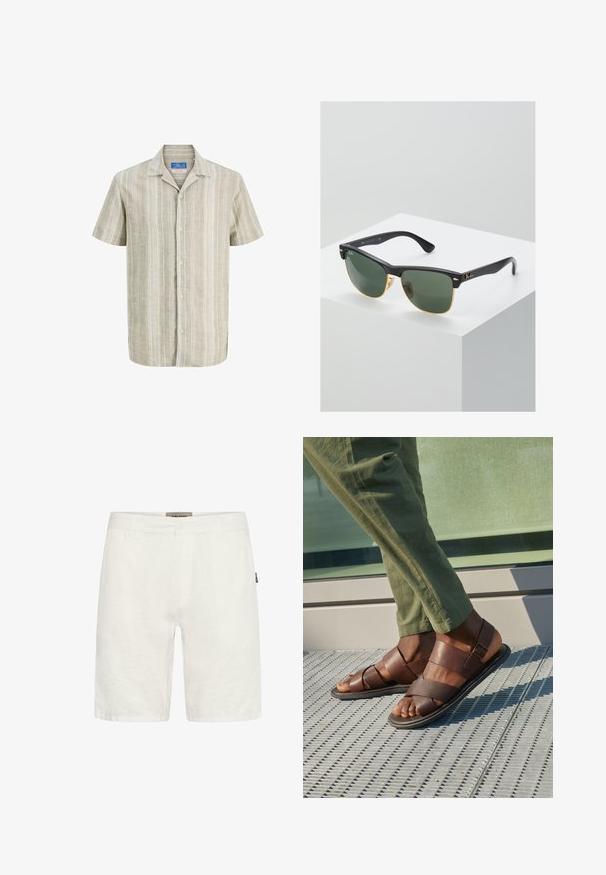 Chemise beige à manches courtes avec boutons, rayures blanches verticales et col cranté, présentée sur fond blanc.; Shorts en lin de couleur claire avec une coupe droite, dotés de poches latérales et d'une ceinture cousue. Comprend une petite étiquette de marque sur le côté.; Sandales en cuir marron avec un design à lanières, ornées d'un détail de boucle, portées avec un pantalon vert sur une surface texturée.; Lunettes de soleil Ray-Ban avec des verres verts, monture en plastique noir et accents dorés sur les bords. Forme carrée avec une finition mate.