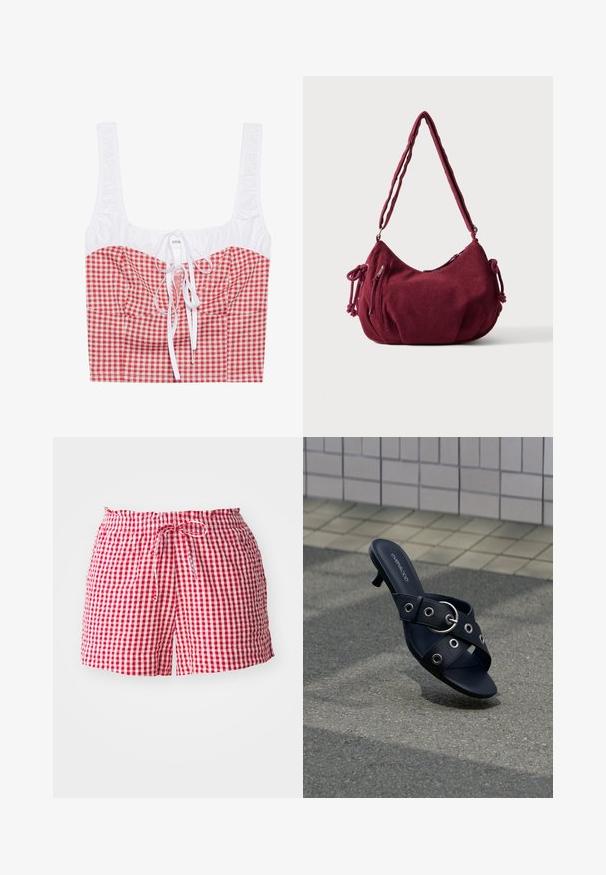 Haut cropped à carreaux rouges et blancs avec un haut froncé blanc, décolleté carré et lien ajustable à l'avant. Tissu en mélange de coton.; Shorts à carreaux rouges et blancs avec une taille élastique et un cordon de serrage, fabriqués dans un tissu léger et offrant une coupe décontractée.; Sandale noire à talon avec des brides croisées ornées d'œillets argentés et une boucle ronde, posée sur un pavement texturé près d'un mur carrelé.; Sac d'épaule en velours côtelé bordeaux doux avec une sangle réglable, fermeture éclair, liens latéraux et une poche avant zippée.
