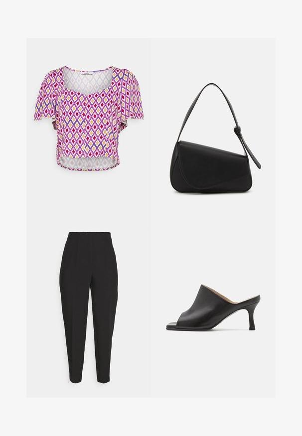 ONLY Petite ONLALMA LIFE - Blouse - radiant orchid/canyon; Des pantalons noirs ajustés présentent une taille haute, des plis avant, des jambes fuselées et une texture lisse. Fabriqués dans un tissu léger, sans fermetures visibles.; Selected ASHLEY - Mules à talons - black; Sac à main en cuir noir de forme triangulaire, avec un rabat incliné et une poignée supérieure arrondie. Il présente une texture lisse et des détails de design minimalistes.