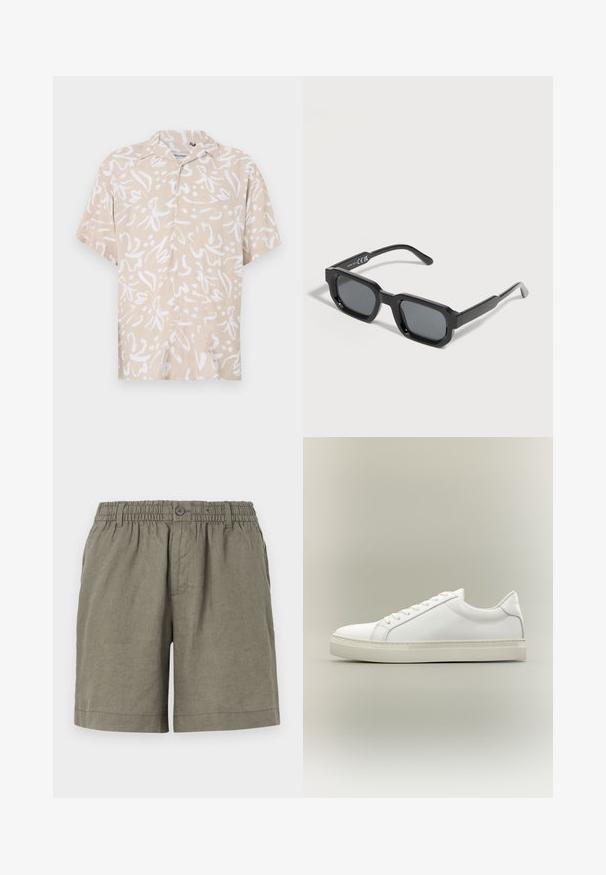 Beige kortærmet skjorte med et hvidt abstrakt blomstermønster. Fremstillet af letvægtsstof, med en afslappet pasform og knaplukning foran.; Khaki shorts i letvægtsstof med elastisk talje og knaplukning. Har et lige ben design og optrukket kant.; Hvid lavtop sneaker med snørebånd foran og tyk sål, vist fra siden mod en neutral baggrund.; Sorte rektangulære solbriller med tykke stel og mørke, tonede linser, vinklet på en hvid baggrund.