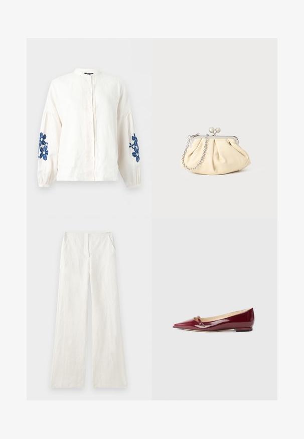 Weiße Bluse mit langen Ärmeln, Knopfleiste vorne, gerafften Ärmeln und blauer Blumenstickerei auf beiden Ärmeln.; Weite Leinenhose in Off-White, mit glatter Textur, vorderen Falten und Seitentaschen. Einfaches, schmuckloses Design.; Burgunderfarbene Lacklederballerinas mit spitzem Zehenbereich, ausgestattet mit einem kleinen Ausschnitt und einem niedrigen Absatz. Glatte Textur und elegantes Design.; Faltige beigefarbene Ledertasche mit einem silbernen Metallrahmen, ausgestattet mit zwei runden dekorativen Verschlüssen und einem silbernen Kettenriemen.