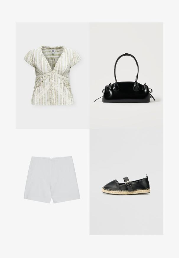 Kortærmet stribet bluse med grønne, beige og hvide lodrette linjer, blondedetalje, knapper foran og en V-hals krave.; Hvide shorts med et skræddersyet design, flad front, to sidelommer og en ren kant. Fremstillet af et glat stof uden synlige mønstre.; Sort læder espadrille med rund tå, ankelstrop og vævet jute sål. Har en syet detalje på kanten.; Lille sort blank håndtaske med to lange håndtag og snøre-detaljer i siden på en ensfarvet lys baggrund.