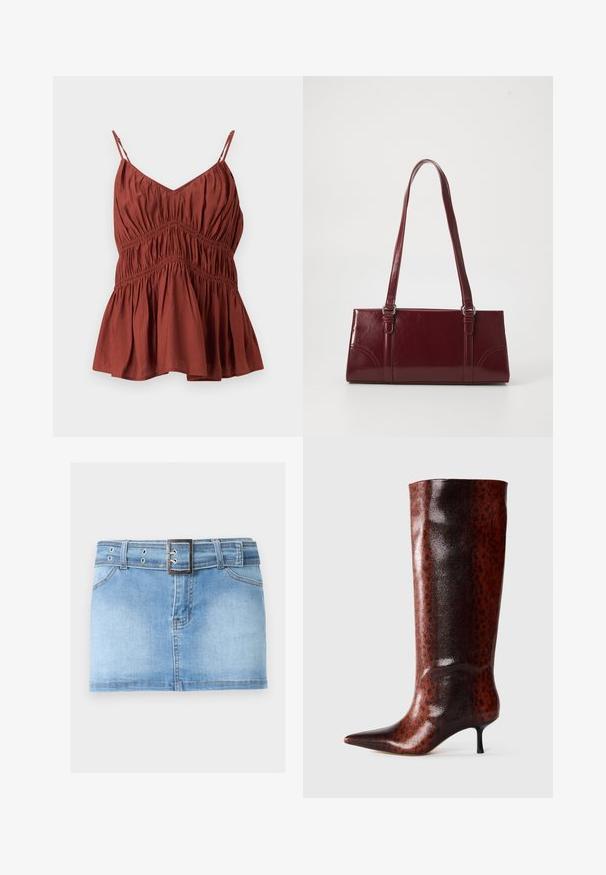 Blouse sans manches couleur rouille avec fines bretelles ajustables, détails froncés en tissu et ourlet évasé.; Mini-jupe en jean bleu clair avec poches avant, passants pour ceinture et ceinture en jean assortie avec une boucle carrée argentée.; Botte de genou en cuir synthétique marron avec un bout pointu, présentant un motif de léopard texturé et un talon aiguille noir et fin.; Sac à main bordeaux en matériau brillant, de forme rectangulaire, avec deux anses et des accents légèrement courbés à l'avant.