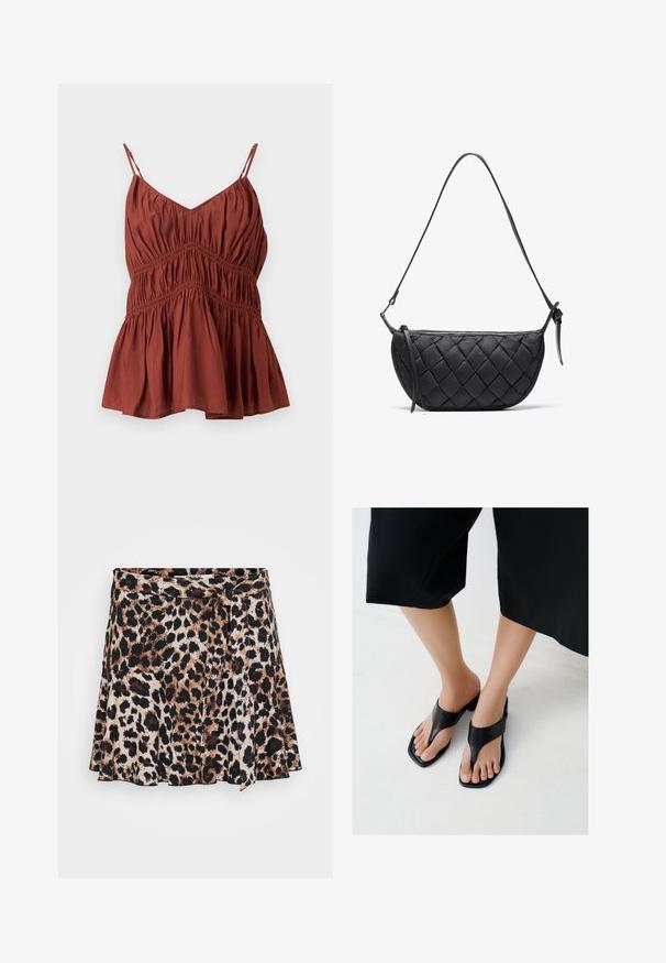 Blusa sin mangas de color óxido con tirantes finos ajustables, detalles de tela fruncida y bajo acampanado.; Falda envolvente de estampado de leopardo con diseño acampanado, que presenta tonos de marrón y negro sobre un fondo claro. Tela suave con textura lisa.; Pies con sandalias de tacón negras de punta cuadrada y tiras anchas, combinadas con pantalones negros cortos sobre un suelo claro.; Bolso de mano acolchado negro con forma curva, que cuenta con una correa de hombro delgada y un cierre de cremallera. Fabricado en material suave y texturizado.