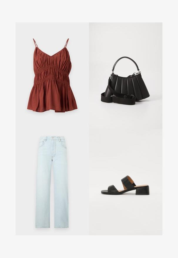 Blusa sin mangas de color óxido con tirantes finos ajustables, detalles de tela fruncida y bajo acampanado.; Vaqueros rectos de talle alto en azul claro con botón y cremallera delanteros, trabillas para cinturón y dos bolsillos delanteros sobre fondo blanco.; Sandalia de cuero negra con dos correas anchas que cruzan el pie, punta cuadrada y tacón bajo en bloque. Textura suave y diseño minimalista.; Bolso de mano negro con pliegues, manejo redondeado, correa ajustable y textura brillante. Presenta herrajes plateados y una silueta estructurada.