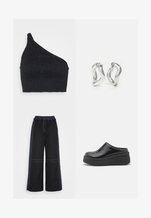 Faithfull the brand LE MANOA - Top - BLACK; 3.1 Phillip Lim COMBO UTILITY PANT - Nohavice - black eclipse; Čierne lesklé platformové dreváky s zaoblenou špičkou, zakriveným vrchom a kontrastným bielym prešívaním pozdĺž okraja podrážky.; Strieborné kruhové náušnice so skrúteným dizajnom. Zaoblené okraje a lesklý povrch. Otvorené zapínanie pre jednoduché nosenie. Hladká textúra po celej ploche.