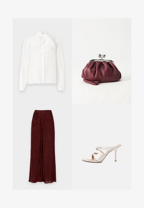 Blusa blanca con un cuello alto, detalle de lazo, mangas largas con puños abotonados y una tela texturizada a rayas.; Pantalones de pierna ancha en burdeos, fabricados en un tejido texturizado con plisados verticales. Presentan una cintura alta y un dobladillo que llega hasta el tobillo.; Mule beige de tacón alto con punta afilada, tacón fino de tipo stiletto y tres amplias tiras de cuero cruzando el pie.; Pequeño bolso de mano de cuero burdeos con cierre metálico plateado y correa de muñeca sobre un fondo blanco.