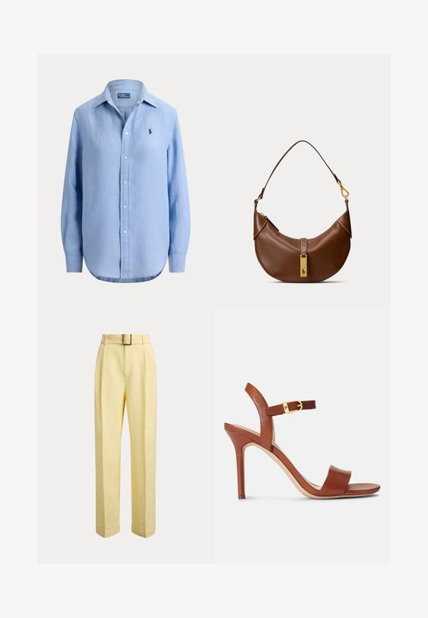 Camisa azul clara de manga larga con botones, cuello y pequeño logo oscuro en el pecho izquierdo, mostrada sobre un fondo liso.; Pantalones de talle alto en amarillo claro con pliegues delanteros, dobles en el bajo y un cinturón a juego con hebilla metálica cuadrada.; Sandal de tacón alto de cuero marrón con un diseño elegante, correa ajustable en el tobillo y un sutil acento de hebilla dorada. De punta abierta y textura suave.; Bolso marrón de cuero con forma de media luna, una sola correa y etiqueta rectangular dorada con el logo de un caballo.