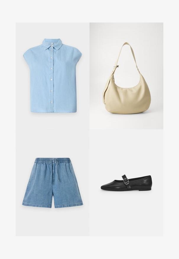 Camisa de botón de manga corta azul hecha de tejido de mezclilla, con un cuello clásico y cierre frontal de botones, con un corte relajado y dobladillo recto.; Pantalones cortos de mezclilla en azul claro con cintura elástica y cordón. Cuentan con bolsillos laterales y un ajuste relajado con dobladillos cosidos.; Zapato plano de cuero negro con punta redondeada, una sola correa ajustable con hebilla y una textura suave y brillante. Diseño minimalista con un tacón bajo.; Bolso de hombro de cuero beige con forma curva, correa ajustable y detalle de logo en relieve, que presenta una textura suave y un diseño minimalista.