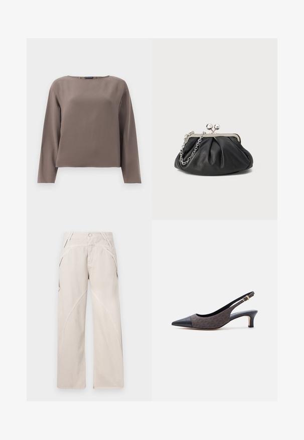 Haut long à manches marron avec un décolleté large, fabriqué à partir d'un tissu lisse et doux. Présente une coupe décontractée et un design minimal sans décorations.; Pantalons larges beiges en tissu mélangé coton, avec des détails de coutures courbées, une fermeture à bouton et des poches latérales. Conception à plat à l'avant.; Escarpin à talon kitten slingback avec bout pointu en cuir noir et corps en tissu foncé à motifs, doté d'une petite boucle dorée sur la bride.; Porte-monnaie en cuir noir avec texture froncée, cadre en métal argenté, fermeture à verrouillage kiss-lock et bandoulière en chaîne. Surface lisse et douce.