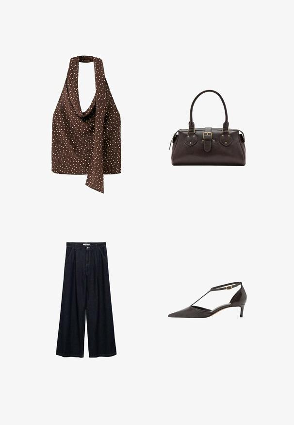 Hnedý top s halter krkom s bielymi bodkami a dlhým detailom šatky prehodeným vpredu, bez rukávov.; Tmavé denim široké nohavice s vysokým pásom, vybavené predným zapínaním na gombík, dvoma bočnými vreckami a detailmi šitia.; Čierne kožené dámske topánky s nízkym opätkom a špicatou špicou, s T-pásikom a zlatým pribalením na bielom pozadí.; Tmavohnedá kožená kabelka s dvoma rukoväťami, stredným remienkom so sponou a detailmi z kovu v zlatej farbe.