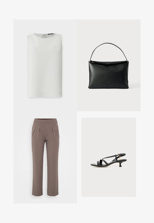Mouwloze witte blouse met ronde hals en zichtbare ritssluiting op de rug, getoond tegen een effen witte achtergrond.; Taupe losvallende broek met elastische tailleband en voorplooien, gemaakt van zachte stof.; MICHAEL Michael Kors MARIANA KITTEN SANDAL - Sandalen - black; Zwarte leren handtas met een gladde textuur, een gebogen handvat en een gouden ritssluiting. Minimalistisch ontwerp met een subtiel logo.