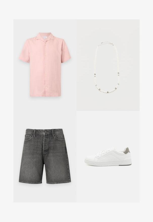 Lyserød kortærmet skjorte med knapper, krave, forknapper og et GAP-mærke indeni halsudskæringen.; Mørkegrå denimshorts med et klassisk fem-lomme design, knap- og lynlåslukning, lige pasform og en let falmet struktur over det hele.; Hvid sneaker lavet af glat læder, rund tå, minimalistisk design, grå hælafsats og tekstureret gummisål.; Hvid perlehalskæde med sølvfarvede rhinsten-afstandsstykker og en sølvfarvet kædelås, vist mod en ensartet lys baggrund.