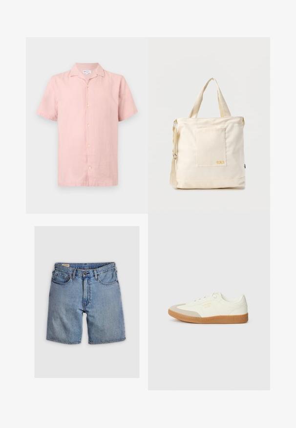 Hellrosa kurzärmliges Hemd mit Knöpfen, Kragen, vorne Knopfleiste und einem GAP-Etikett im Nackenbereich.; Denim-Shorts in heller Blauwäsche, mit hoher Taille, fünf Taschen und einem Reißverschluss mit Knopf. Die Nähte sind kontrastierend in Orange.; Sneaker aus weißem Leder mit einer beigen Zehenkappe und leichter brauner Gummisohle. Verfügt über flache weiße Schnürsenkel und geprägtes Branding an der Seite.; Beige Canvas-Shopper mit Fronttasche, zwei Griffen, verstellbarem Schulterriemen und kleinem gelbem "O.N.S"-Text unten rechts auf der Tasche.