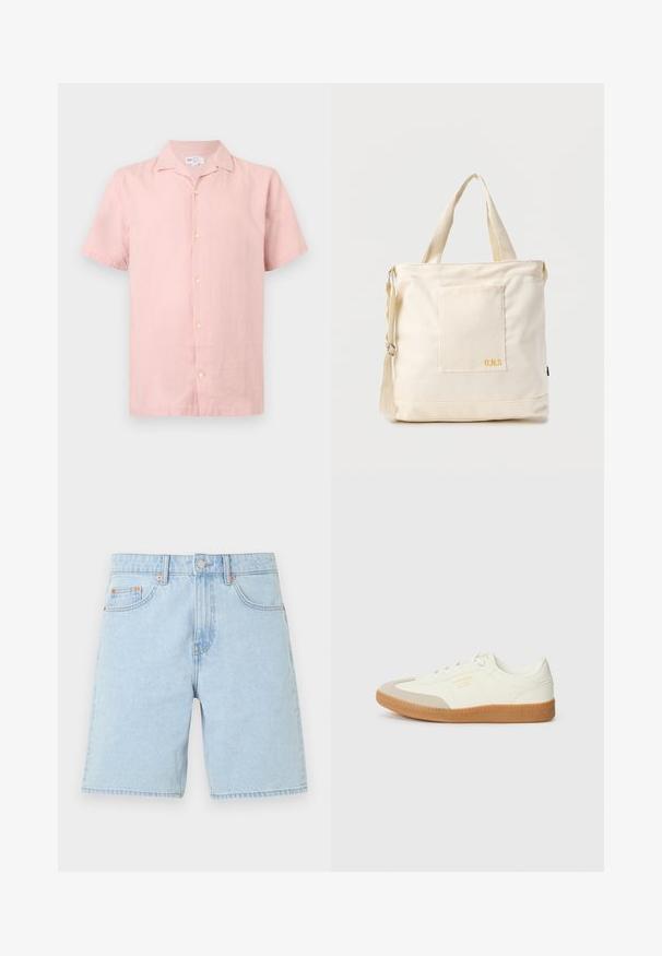Chemise rose clair à manches courtes avec col, boutons sur le devant et étiquette GAP à l'intérieur du col.; Short en denim bleu clair avec poches avant, passants de ceinture, bouton en métal et fermeture éclair sur un fond blanc uni.; Baskets en cuir blanc avec une coque beige et une semelle en caoutchouc marron clair. Dotées de lacets blancs plats et d'un logo embossé sur le côté.; Sac fourre-tout en toile crème avec poche avant, deux poignées, bandoulière réglable et petit texte jaune "O.N.S" en bas à droite de la poche.