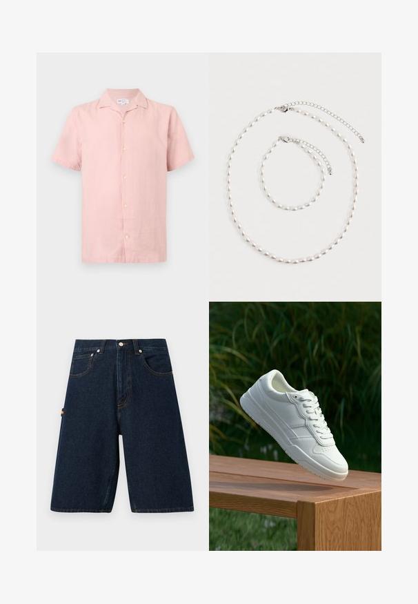 Hellrosa kurzärmliges Hemd mit Knöpfen, Kragen, vorne Knopfleiste und einem GAP-Etikett im Nackenbereich.; Dunkelblaue Jeansshorts mit lockerem Schnitt, Fünf-Taschen-Design und kontrastierenden orangefarbenen Nähten. Verfügt über einen klassischen Knopf- und Reißverschluss.; Weiße Ledersneaker mit glatter Oberfläche, ausgestattet mit einem perforierten Design, klassischer Schnürung und Gummisohle, positioniert auf einer Holzoberfläche.; Perlenkette und passendes Armband mit Silberkettenverschlüssen auf einem weißen Hintergrund arrangiert.