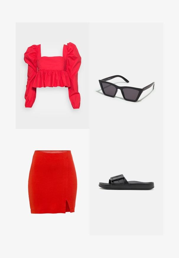 Glamorous SMOCK CROP TOP WITH TIE BACK - Bluse - red; Rød strikket nederdel med en tætsiddende pasform, der har en sideslids og en kant, der sidder lige over midt-lår. Glat tekstur, enkel konstruktion.; Sort sklidesandal med bred rem, justerbart spænde, flad sål og glat mat tekstur. Enkel design uden ekstra mønstre.; Sorte, kantede solbriller med grå linser; lavet af plast, med tykke stænger med en glat overflade og ingen synlig hardware.