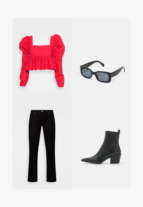 Glamorous SMOCK CROP TOP WITH TIE BACK - Bluse - red; Sorte jeans med lige ben, forlommer, bæltestropper og knaplukning på hvid baggrund.; RAID ROCCO - Cowboy- / bikerstøvlette - black; Sorte rektangulære solbriller med mørkt tonede linser, tyk plastramme og brede stænger. Glat overflade og kantet design.