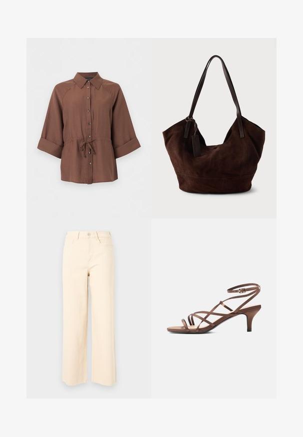 Brun skjorte med knapper, 3/4 ærmer og et bindebånd i taljen, vist på en ensfarvet hvid baggrund.; Beige bredde ben jeans lavet af bomuld, med høj talje, knaplukning og to forlommer med en glat, tekstureret overflade.; Brun sandal med tynde stropper, ankelspænde og mellemhøj hæl, vist fra siden på hvid baggrund.; Brun ruskind taske med en blød, slouchy form. Har læderhåndtag og et tag-accent. Enkelt tekstur med buede sømme.