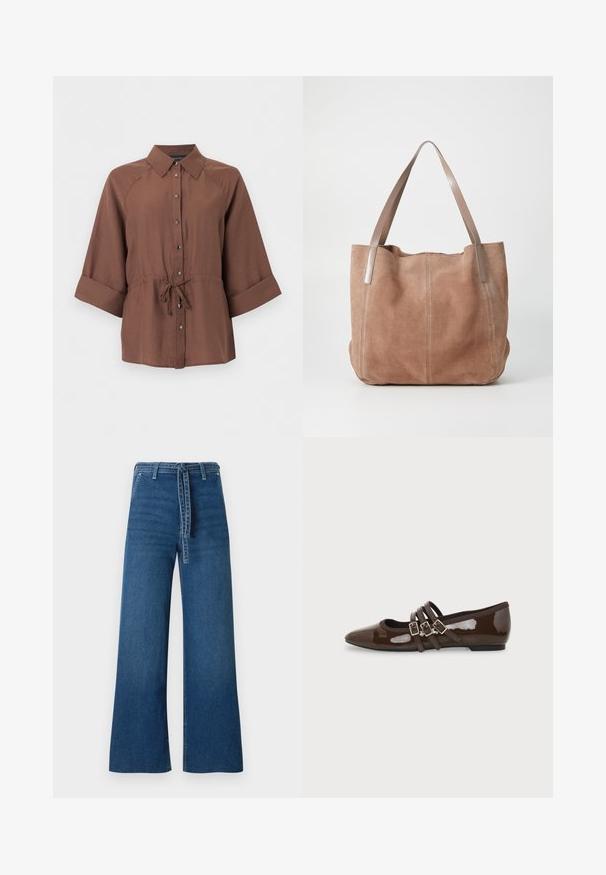 Braunes Hemd mit Knopfleiste, 3/4-Ärmeln und einem gebundenen Taillengürtel, auf weißem Hintergrund dargestellt.; TOM TAILOR DENIM TTMIJA CULOTTE FIT - Flared Jeans - used mid stone blue denim; Brauner Lackleder-Flachschuh mit spitzer Zehenpartie und drei verstellbaren Schnallenriemen an der Seite, von der Außenseite gezeigt.; Anna Field by Zalando LEATHER - Shopping Bag - taupe