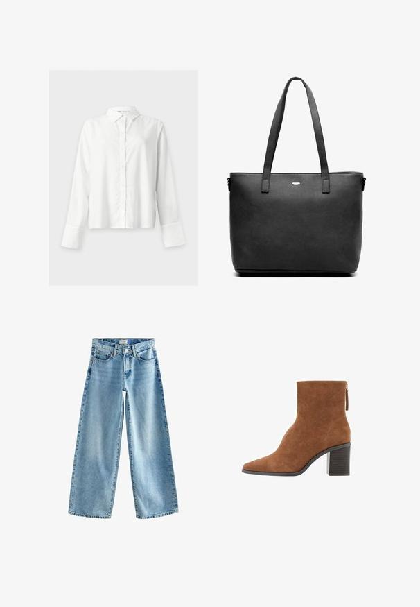Weißes Langarmhemd mit Kragen und breiten Manschetten, auf hellem einfarbigem Hintergrund gezeigt.; Next RIGID WIDE LEG - Flared Jeans - mid blue; Braune Wildleder-Ankle Boots mit spitzer Zehe, Blockabsatz und Reißverschluss auf der Rückseite.; Schwarze Leder-Handtasche mit zwei Schulterriemen, rechteckiger Form, glatter Textur und einem kleinen silbernen Logo auf der Vorderseite.